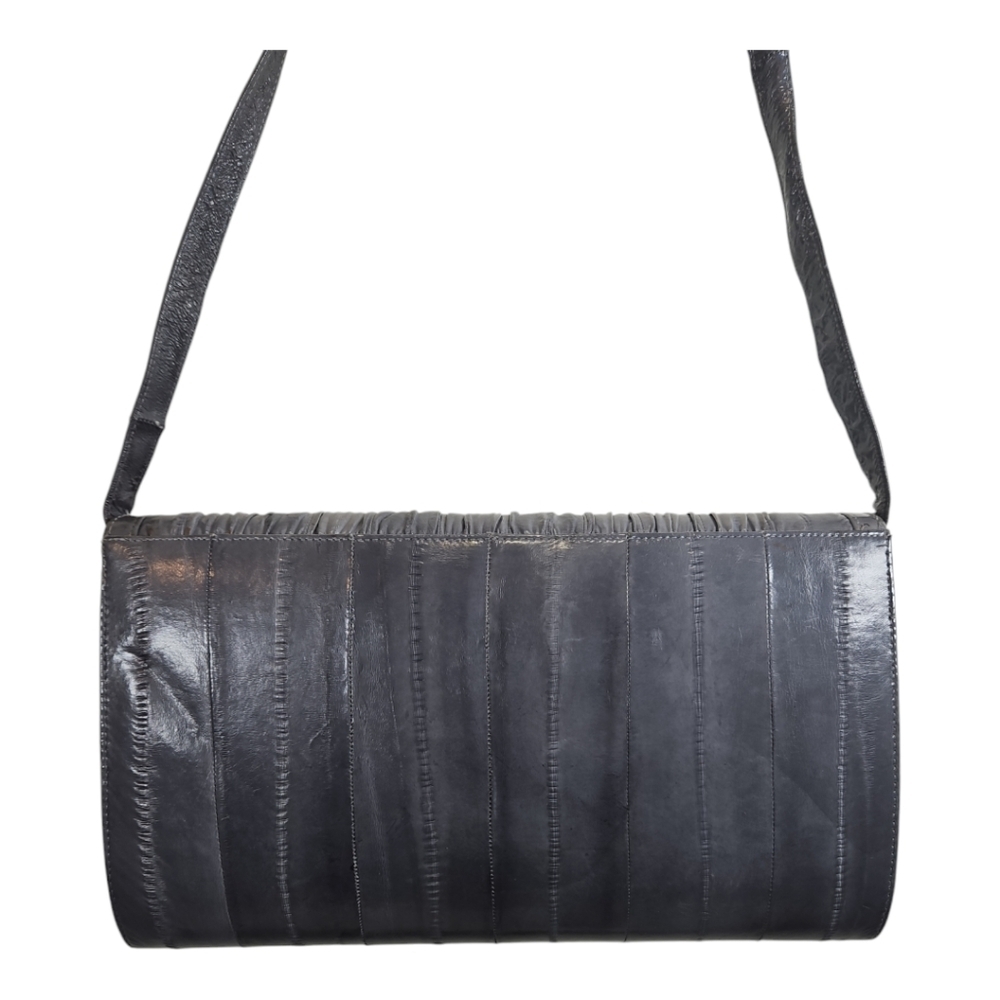 Vintage Gray Eel Skin Leather Clutch Or Shoulder Bag Purse W/ Matching Wallet - Picture 8 of 11